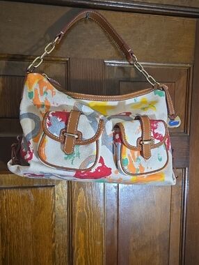 Dooney & Bourke Canvas Multi-Color Paint-Splash Hobo Bag with Brown Trim
